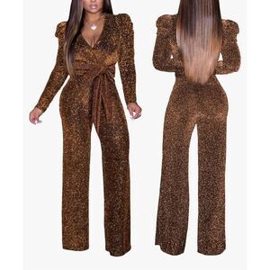Disco Nights Jumpsuit copper-gold sparkle,  Long Sleeve, Sz XL